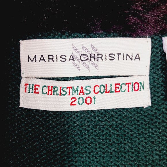 Vintage Marisa Christina Drk Green Cardigan Faux Fur Collar W Pom Christmas 2001 - Picture 2 of 15